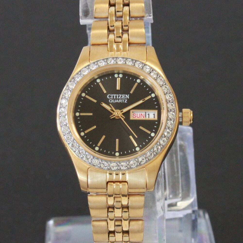 Citizen Ladies Classic Quartz Watch Crystal Bezel Gold Toone Black Dial 26mm - Picture 6 of 13